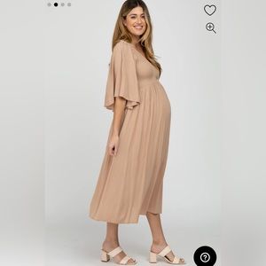Pink Blush - Taupe Smocked Front Ruffle Sleeve Maternity Midi Dress.  Medium.